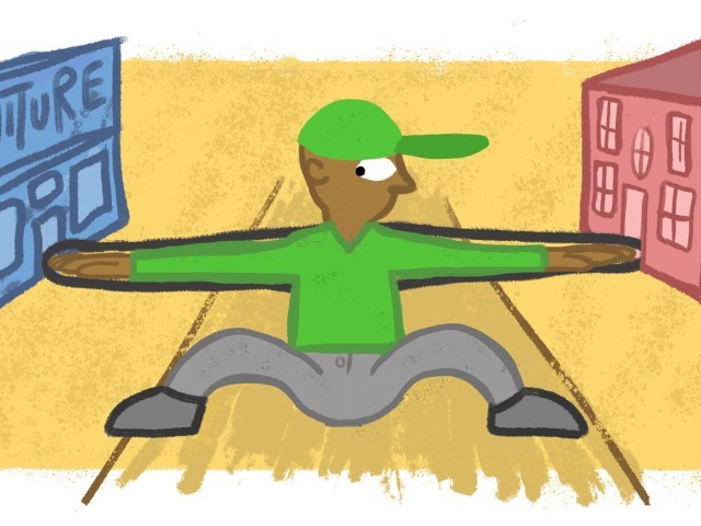 Illustration of man holding his hands out between a furniture store and a home.